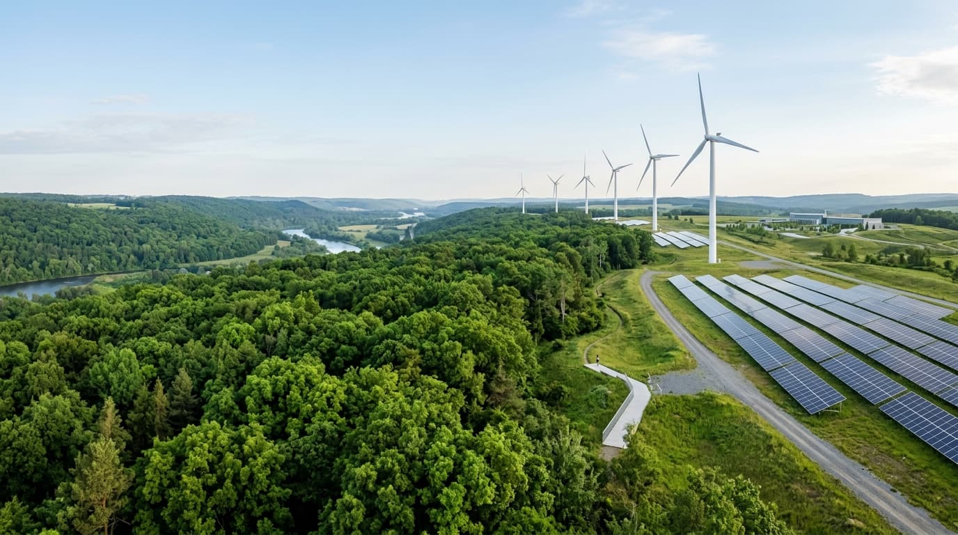 Pristine green forest canopy and renewable clean wind energy landscape